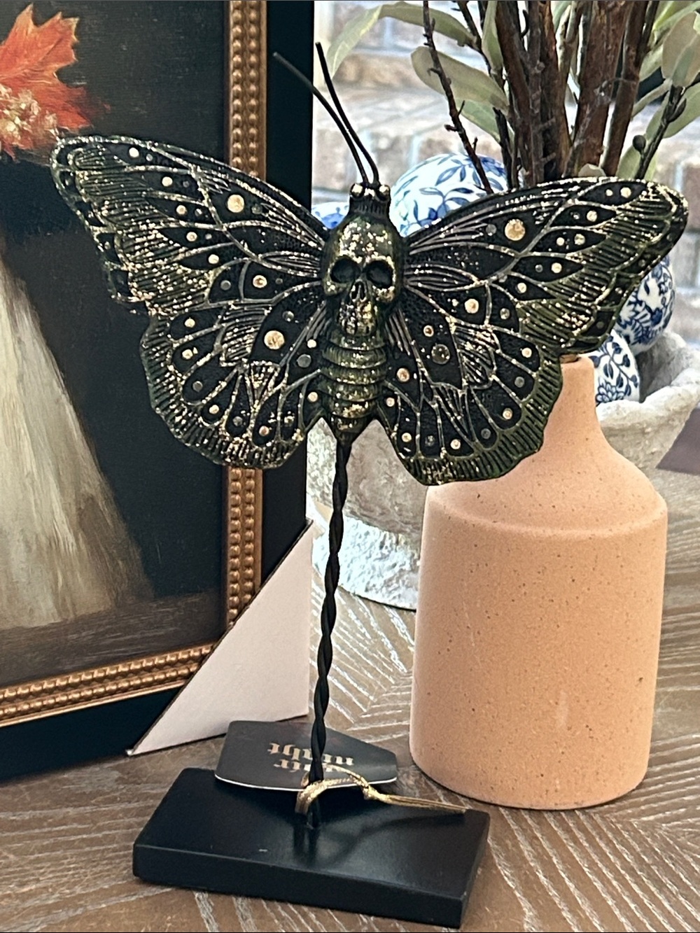 NEW! Vintage Inspired Black & Gold Gothic Skull Moth Butterfly Table Accent